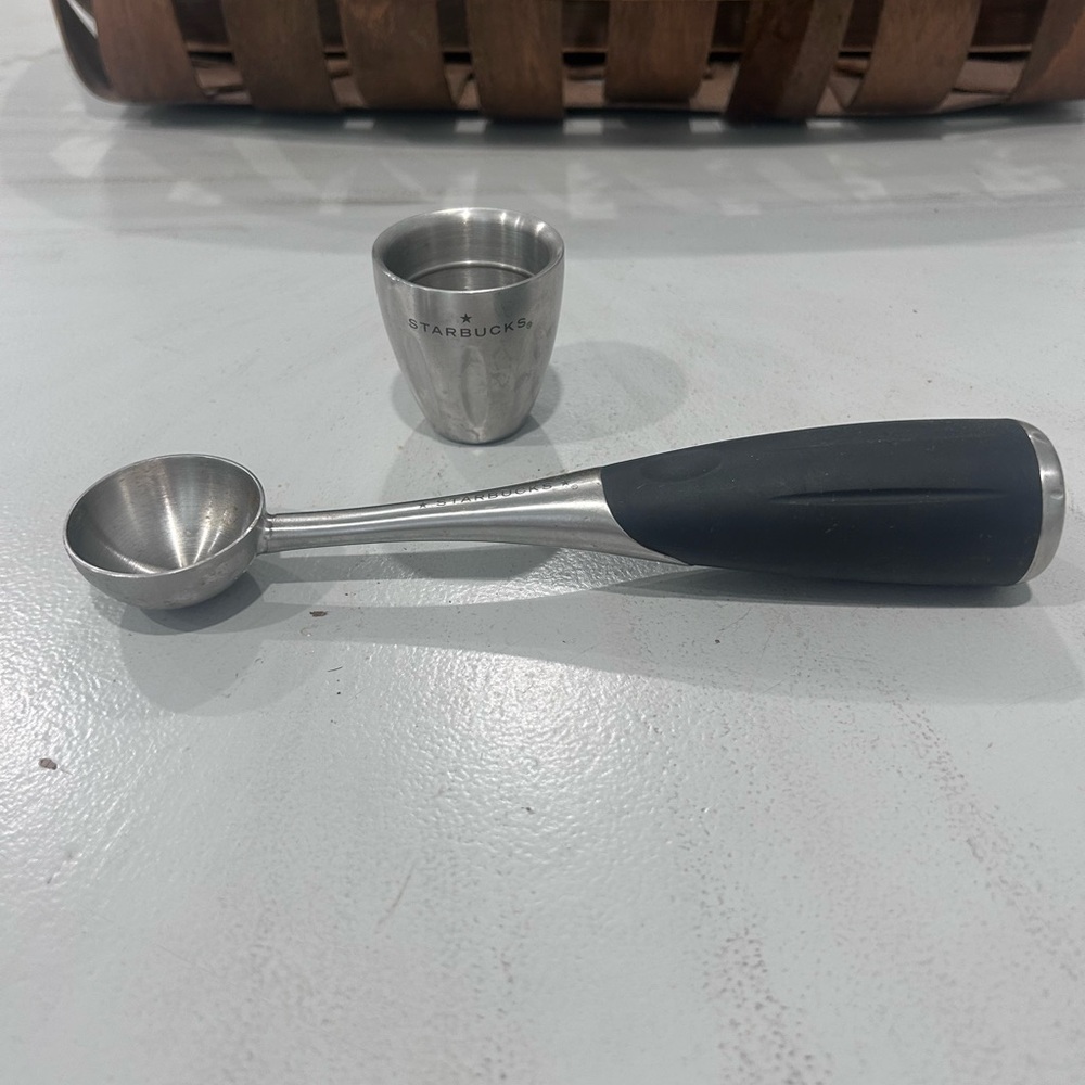 Vtg Starbucks Stainless Steel Coffee Scoop with Black Handle and Silver Cup